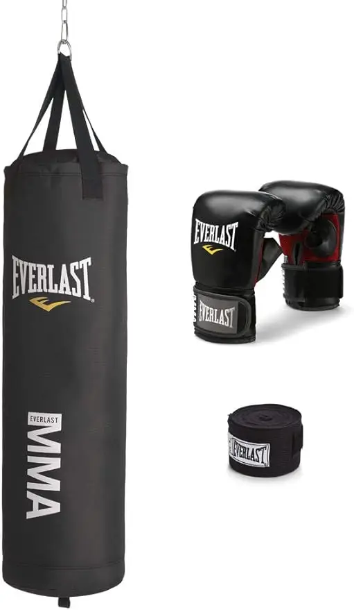 

Nevatear Durable 70 Pound Hangable Heavy Punching Bag with Boxing Gloves, Hand Wraps, Bungee Cord, and Assembly Chain, Black