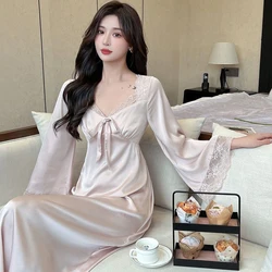 Spring Autumn Nightgowns & Sleepshirts Women's Long Sleeve Satin Sleepwear Home Nightshirt Women Causal Ladies Long Women Dress