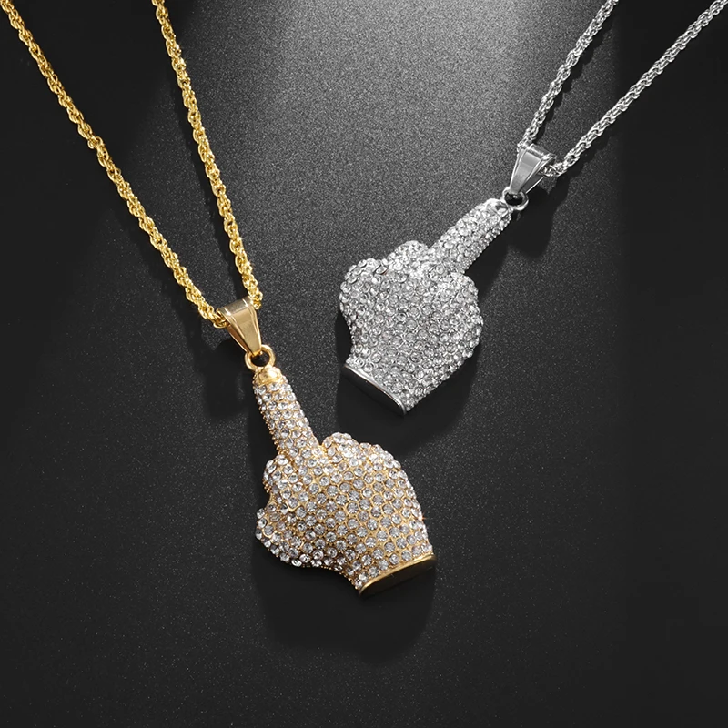 Collar de dedo medio de hielo para hombres, joyería de Hip Hop, rapero ...