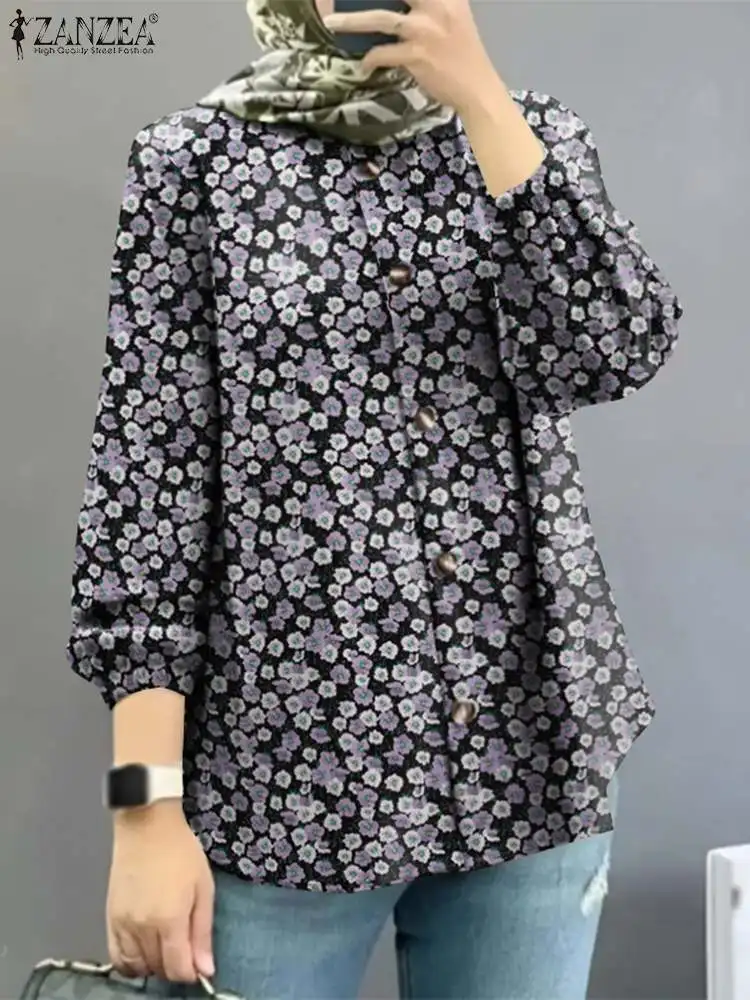 

ZANZEA Fashion Floral Printed Muslim Blouse Puff Sleeve O-Neck Tunic Tops Woman Elegant Islamic Clothing Casual Party Chemise