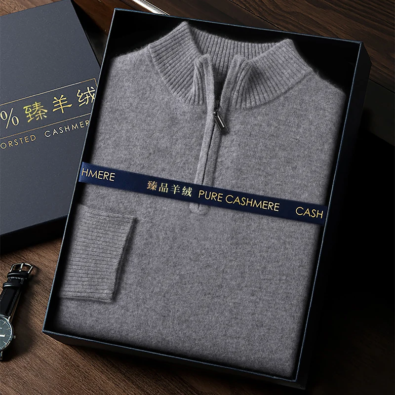 100% Goat Cashmere Men Mock-neck Sweater Zipper Pullovers Autumn Winter Thick Classical Solid Loose Knitwear Korean Men Clothes 5