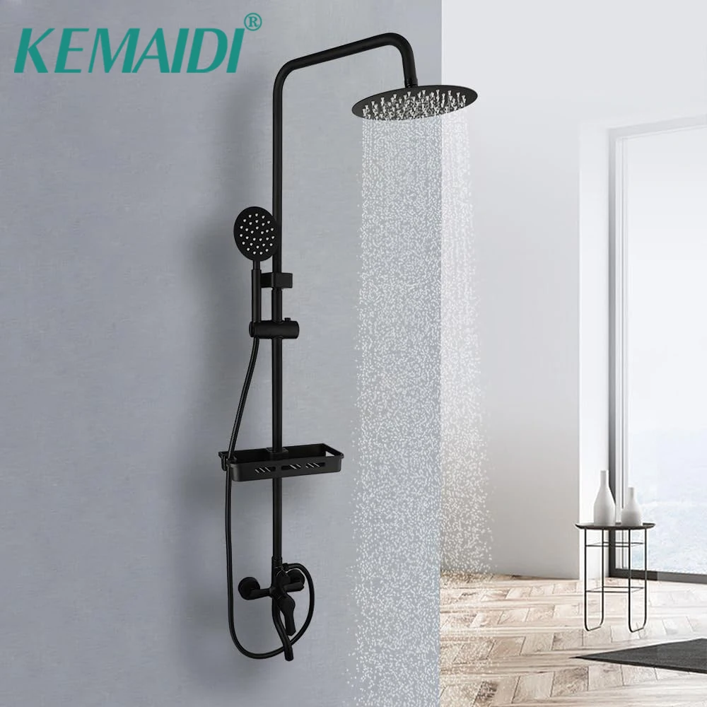 KEMAIDI Matte Black Bathroom Shower Set Rainfall Shower Head Bath Shower Mixer with Shelf Bathtub Faucet Chrome Shower Systerm