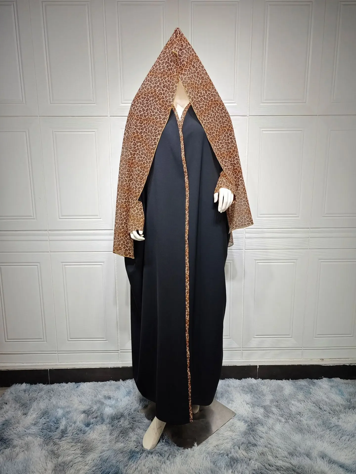 Eid Leopard Abaya with Hijab Scarf Cardigan Muslim Abayas for Women Dubai Morocco Party Dress Turkey Kaftan Islam Arab Long Robe
