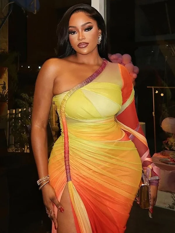 Wmstar Women Dresses 2025 Wholesale Sexy Mesh See Through Single Sleeve Summer High Waist Draped Bodycon Street Wear Long Dress