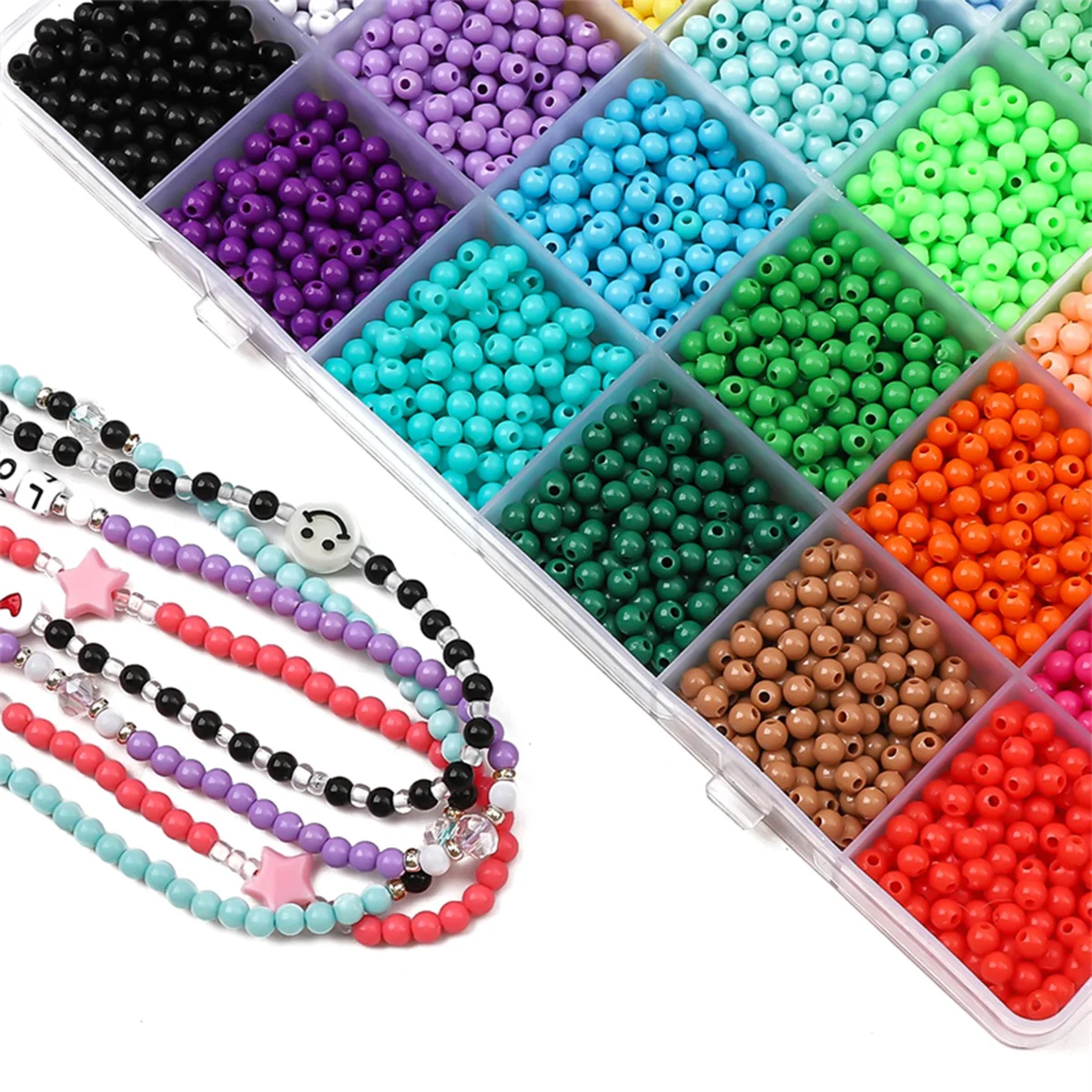 3600개입 캔디 컬러 아크릴 비즈 키트 24칸 4mm 솔리드 컬러 비즈 세트 박스, DIY 쥬얼리 팔찌 목걸이 제작용 수공예 재료
