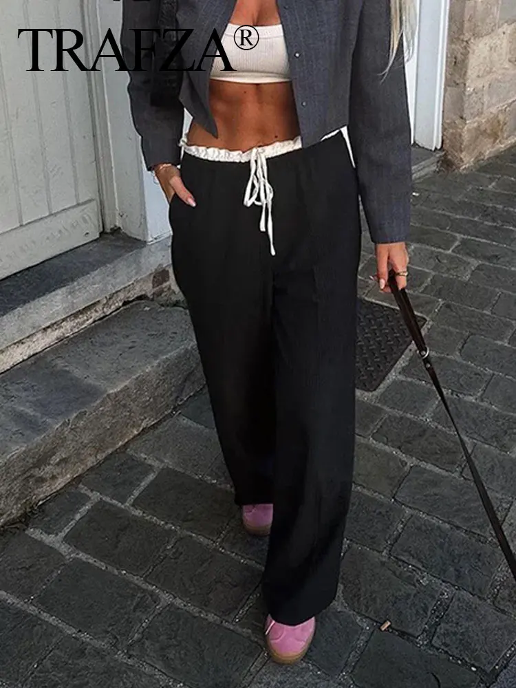 HH Women Casual Pant Waist Patchwork Wide Leg Pants Loose High Waist Splice Design Trousers Spring Woman Chic Pants