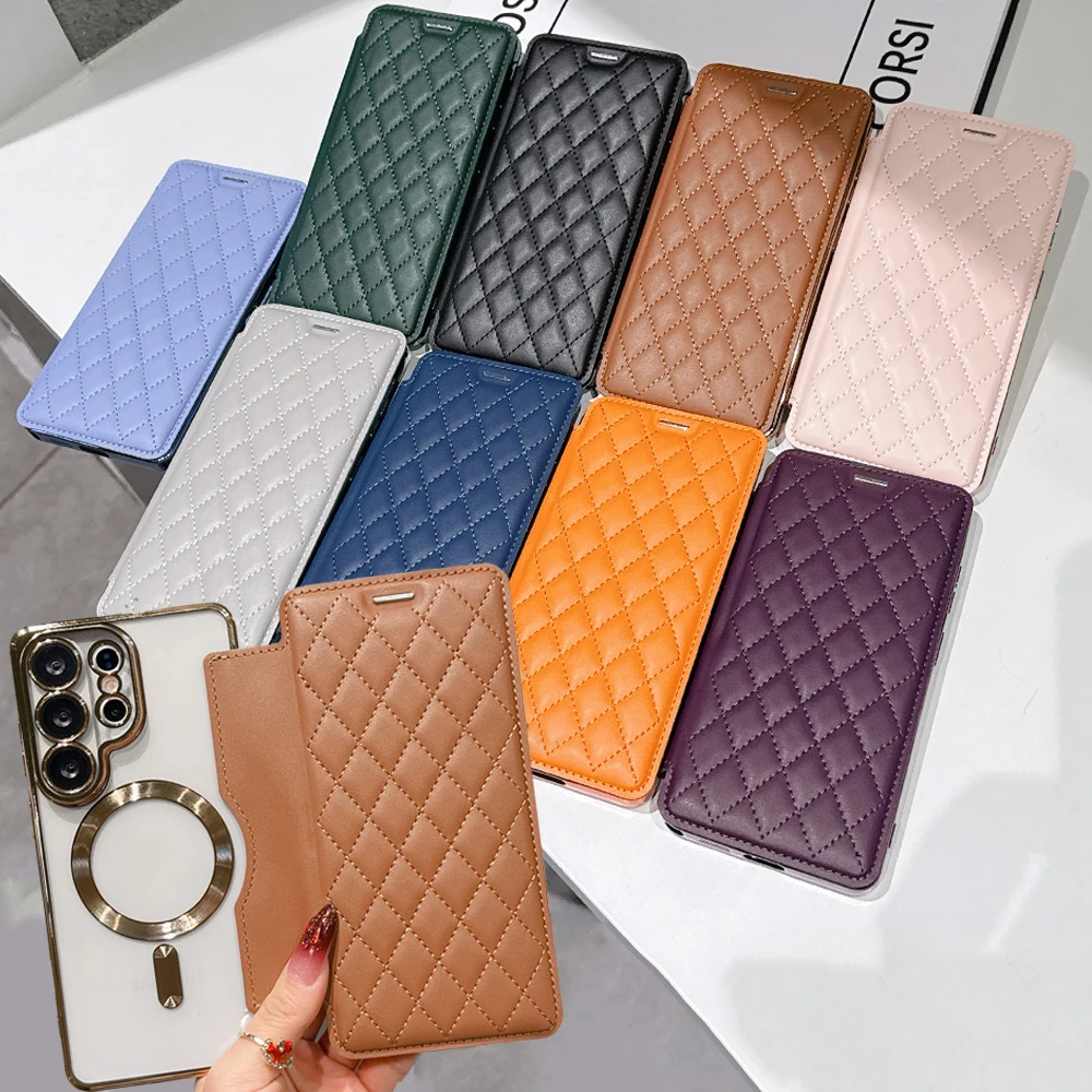 Premium PU Leather Magnetic Flip Wallet Case with Card Slots and Wireless Charging Compatibility