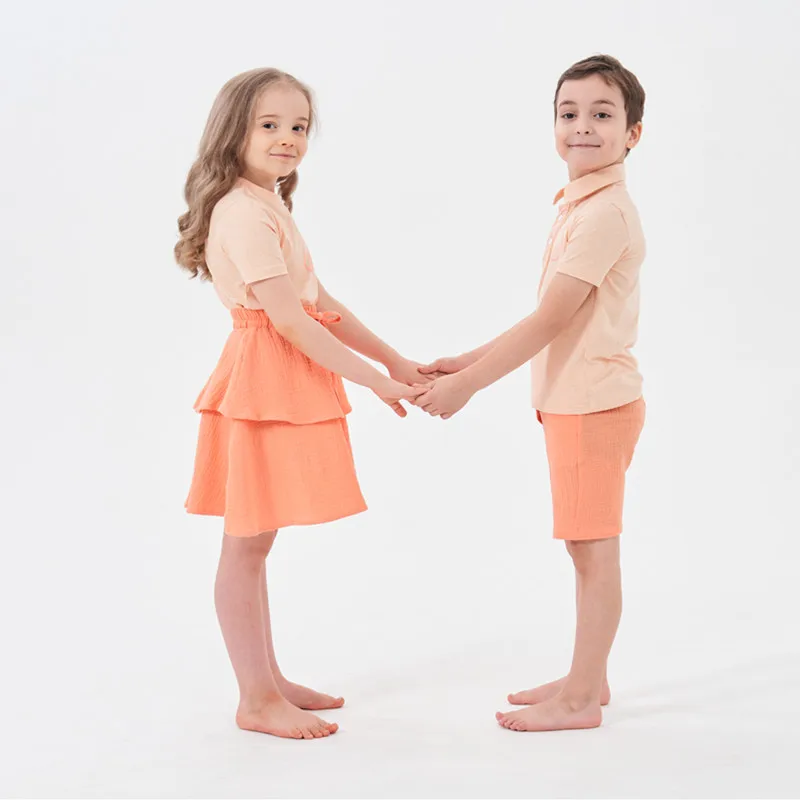 AP orange muslin collection kids boys girls spring summer cotton tee with muslin shorts skirt family matching clothes casual set