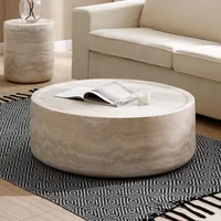 39.37” Round Coffee Table ,Travertine Textured Tables Fiberglass Center Side Tables for Living Room Office, coffee table 1