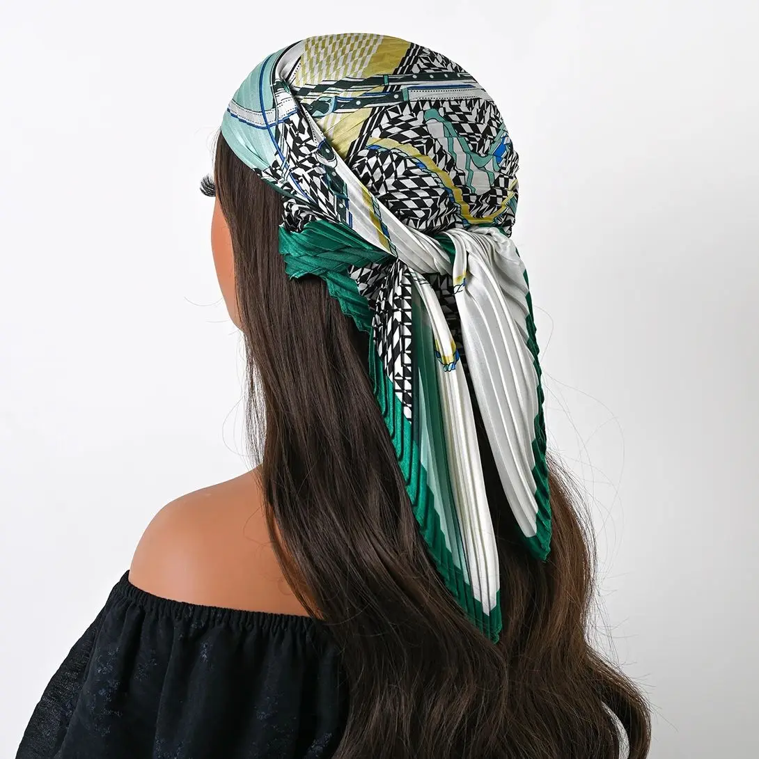 Four Seasons New 70cm Silk Pleated Scarf Print Small Scarves Square Scarf Satin Neckerchief Decorative Headscarf Bandana 2025