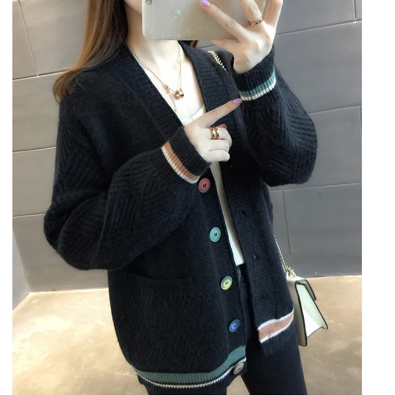 New Autumn and Winter Women's Clothing Contrasting Colors Women's V-neck Sweater Casual Loose Cardigan Single-breasted Knitwear