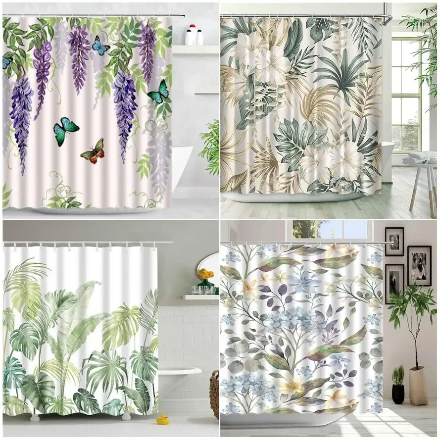 

Tropical Green Plant Palm Leaf Bathroom Shower Curtains Fall Maple Leaves Pumpkin Winter Christmas Bath Curtain Bathroom Decor