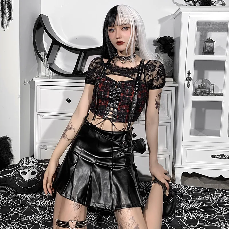 Ruibbit Punk Eyelet Lace Up Red Plaid Tops Gothic Aesthetic Buckle Lace Patchwork See Through T Shirt Y2K E Girl Summer Outfit