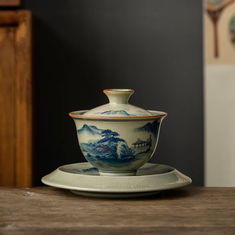Hand Painted Ceramic Opening Landscape Gaiwan For Tea Tureen Teaware Cup Chinese Tea Bowls Vintage Chawan Ceramony Set
