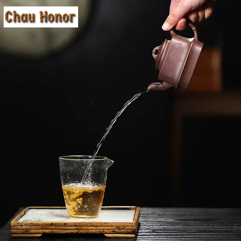 220ml Yixing Purple Clay Teapots Famous Artists Handmade Bamboo Joint Square Pot Raw Ore Mud Kettle Zisha Tea Set Ornaments Gift