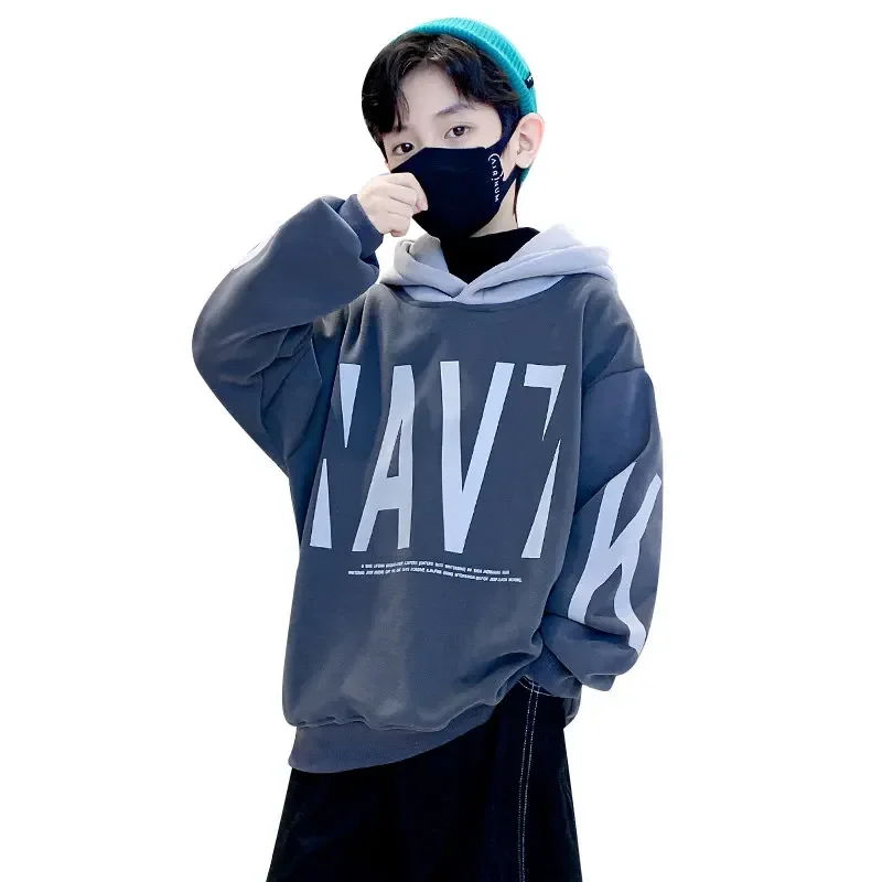 

Зимние теплые толстовки для мальчиков, топы, флисовый пуловер с длинным рукавом и буквенным принтом, одежда, новинка 2023, модные детские корейские свитшоты, костюмы