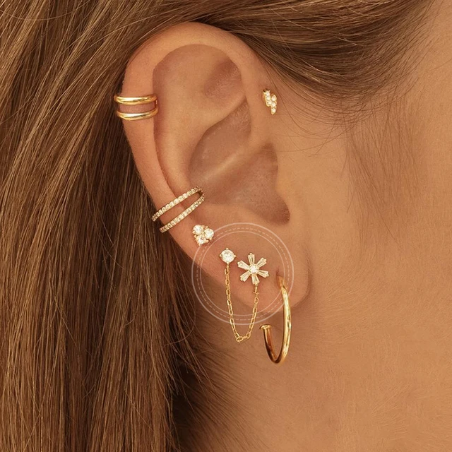 Boucles d'oreilles tendance en acier inoxydable pour femmes, 1 pièce, chaîne à Double perçage, fleur coréenne, Zircon, clous de perçage, bijoux à la mode