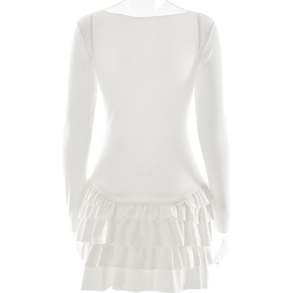 JULISSA MO Ribbed Round Neck Ruffles Women Dress White Long Sleeve High Waist Dress Female Autumn Skinny Elegant Streetwear 2025