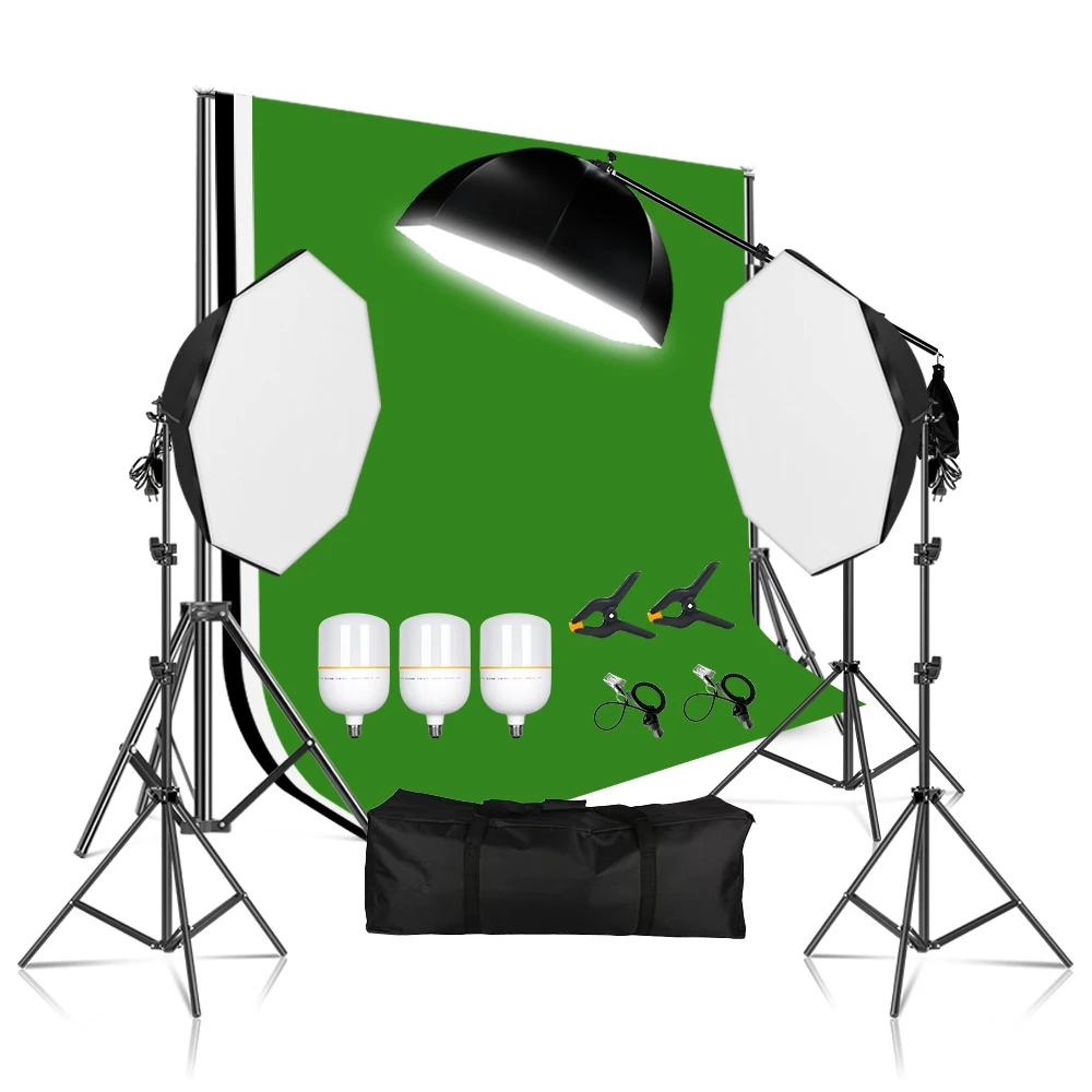 

40-135W Bulbs Photo Studio Set Kit Octagonal Softbox Lighting Tripod Stand Background Support Green Backdrop Video Shooting