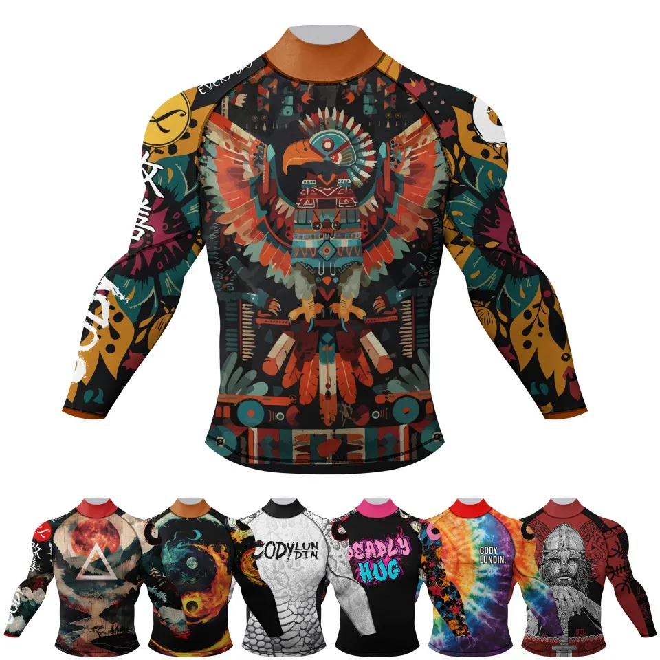 Men Mock Neck Boxing T-shirt Clothing Compression Shirts Rashguard With Elastic Waistband Sublimated Long Sleeve Surf Rash Guard