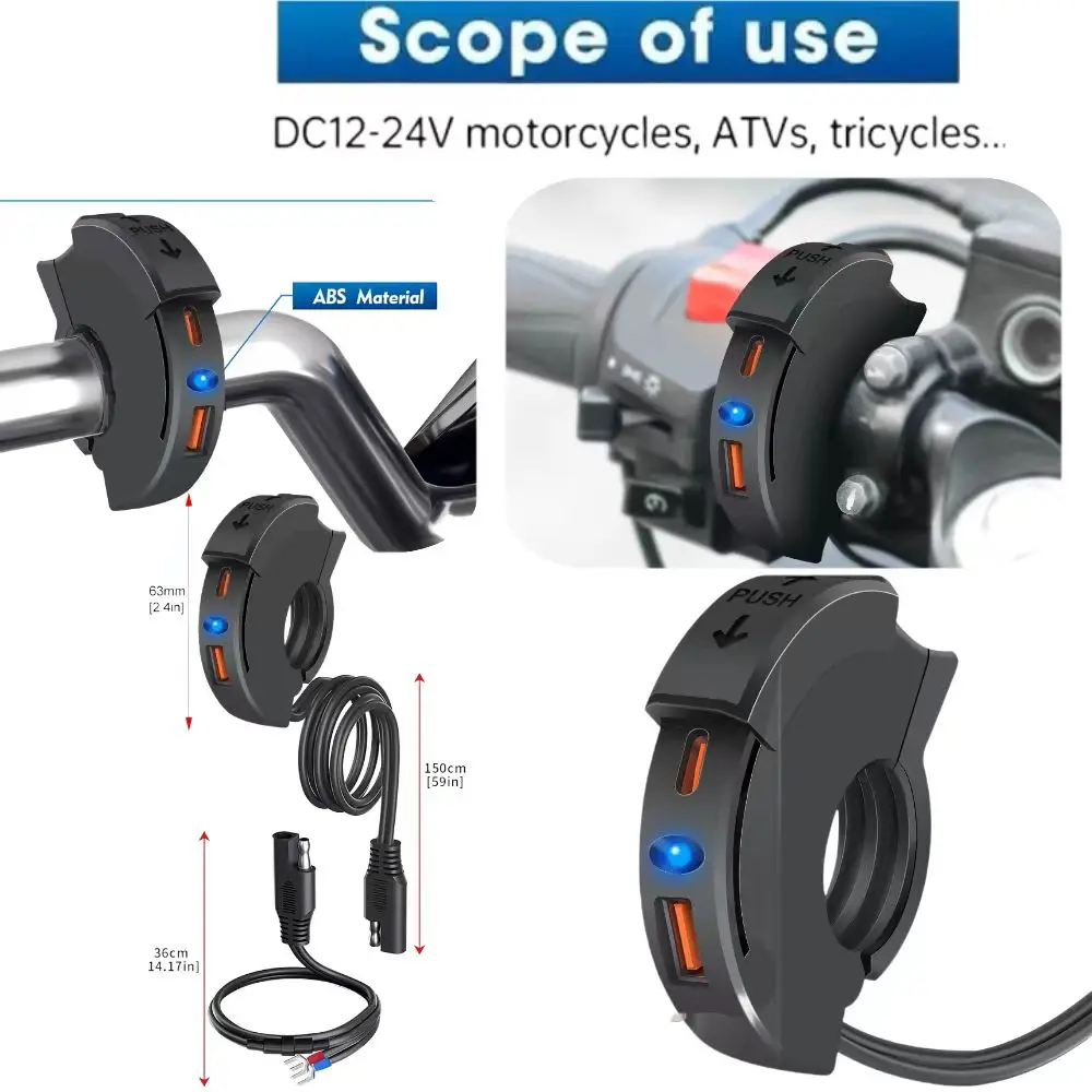 Motorcycle Charger QC3.0 USB with Indicator Handlebar Fast Charging 12/24V Waterproof for Cell Phone