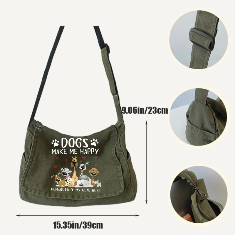 Large Canvas Shoulder Bag For Dog Lovers Cartoon Print Women's Tote Crossbody Bag Army Green Retro Messenger Bag Commuting