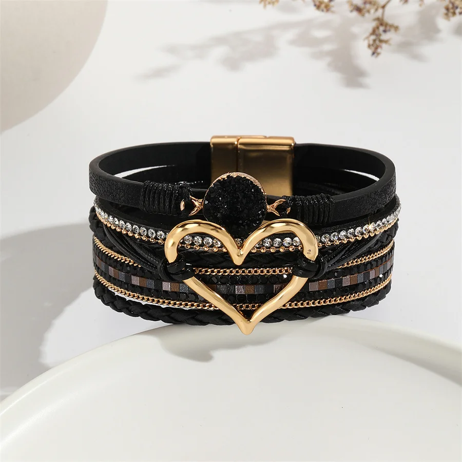 Amorcome Fashion Braided Leather Wrap Bracelets Bangles Multilayer Resin Stone Hollow Heart Charm Bracelets Women Gift Pulseira bracelet jewelry