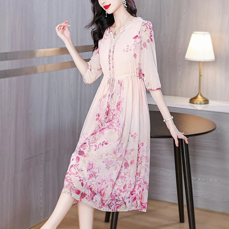 

Женское шелковое платье-трапеция до колена, свободное приталенное шелковое платье-трапеция с V-образным вырезом и цветочным принтом, с завышенной талией, лето 2024