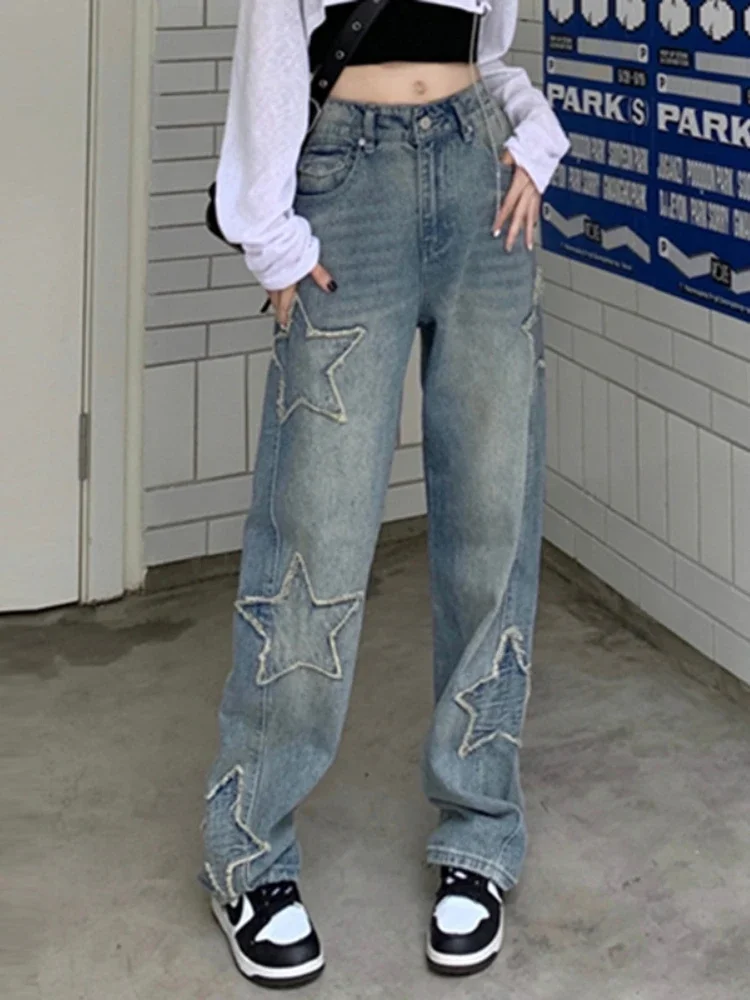 

Y2k Star Patchwork Jeans Women Streetwear Low Rise Straight Leg Denim Cargo Pants Baggy Harajuku Vintage Casual Jean 90s