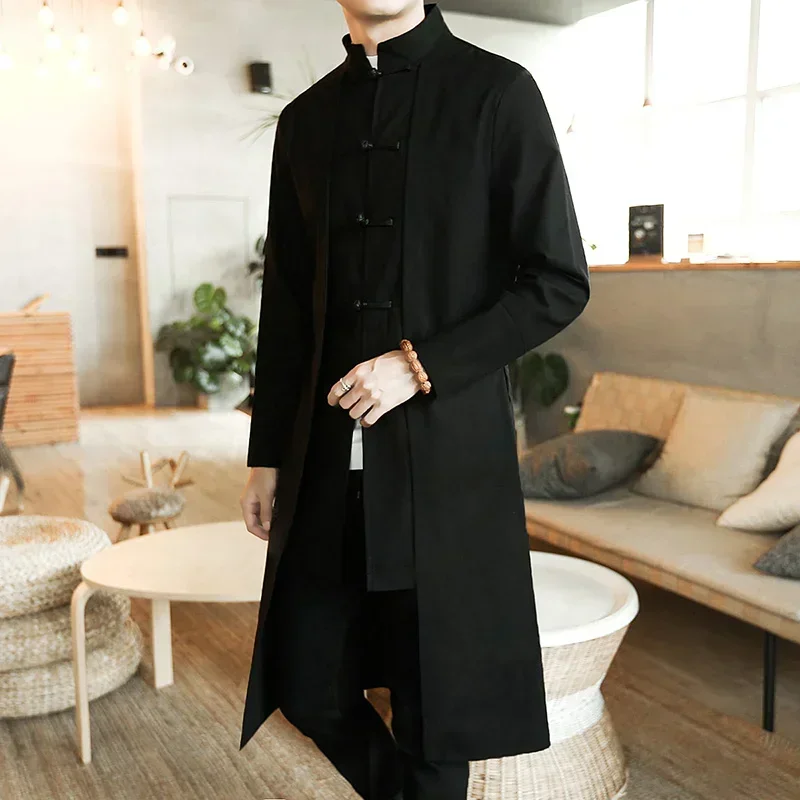 Trench Coat Men Fake two Pieces Cardigan Kimono Coat Male Long Chinese Style Black Loose Vintage Cotton Linen