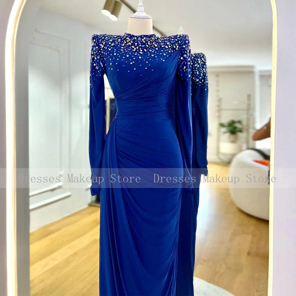Luxury Evening Dress Crystal Long Sleeves Royal Blue Wedding Guest Gowns for Women 2023 Mermaid/Trumpet O Neck Modest Prom Dress 2