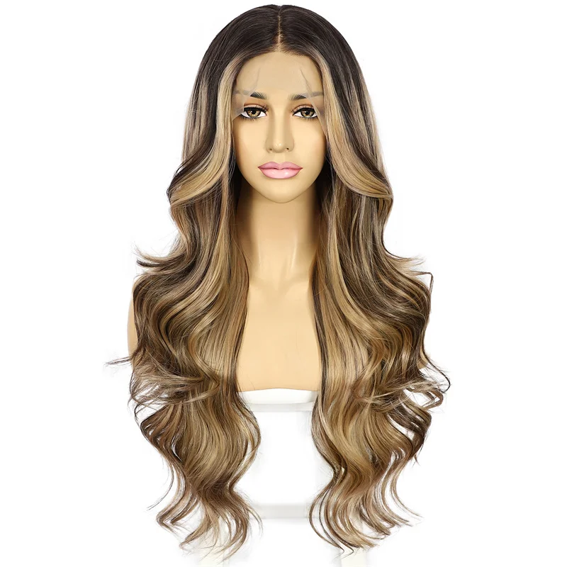 2024 13x4 Synthetic Lace Front Wig Gold Brown Highlight 28‘’ Transparent Lace Daily Wear Heat Safe Premium Synthetic Wig