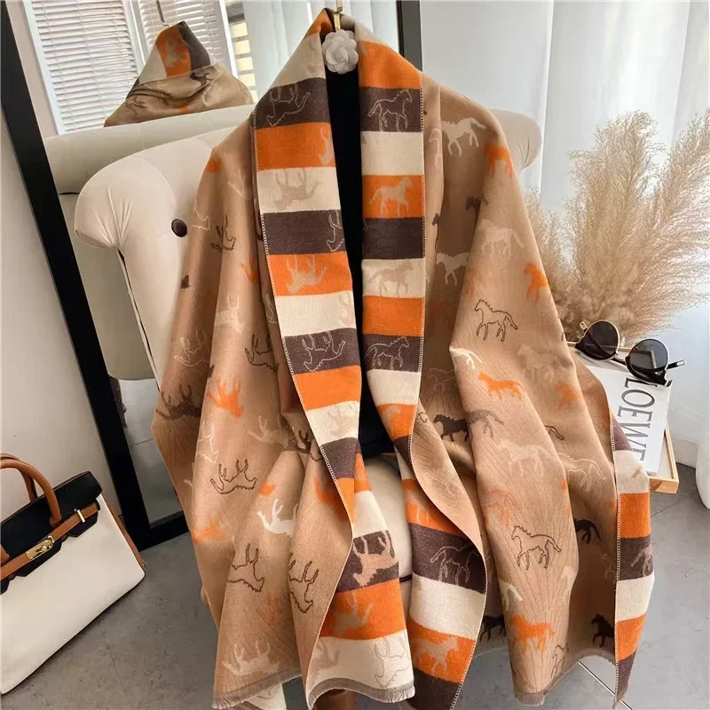 

Luxury Brand Winter Scarf Women's Cashmere Ladies Imitation Cashmere Scarves Ladies Horse Animal Cape Thickening Soft Shawl Wrap