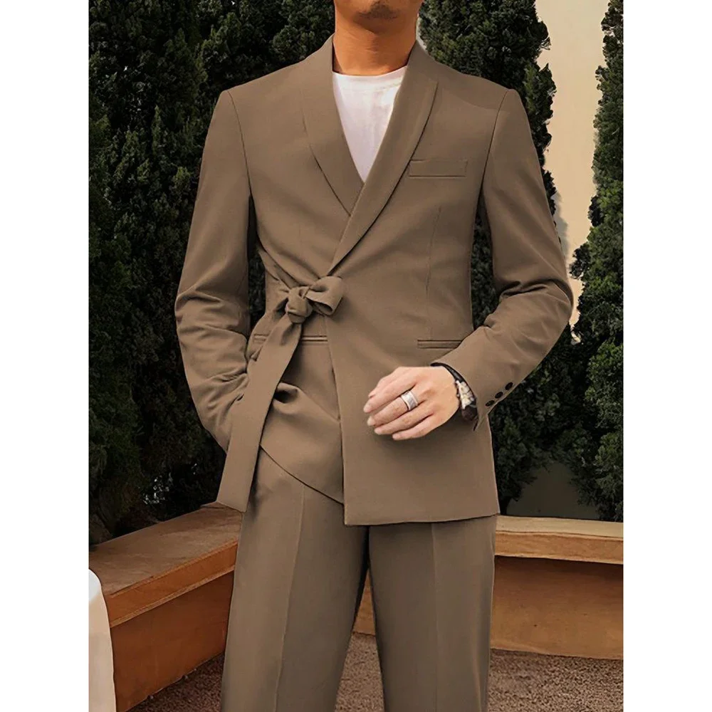 Brown Men's Suits Double Breasted Shawl Lapel Luxury 2 Piece Jacket Pants Regular Length Office Outfits Ropa Hombre Prom Blazer