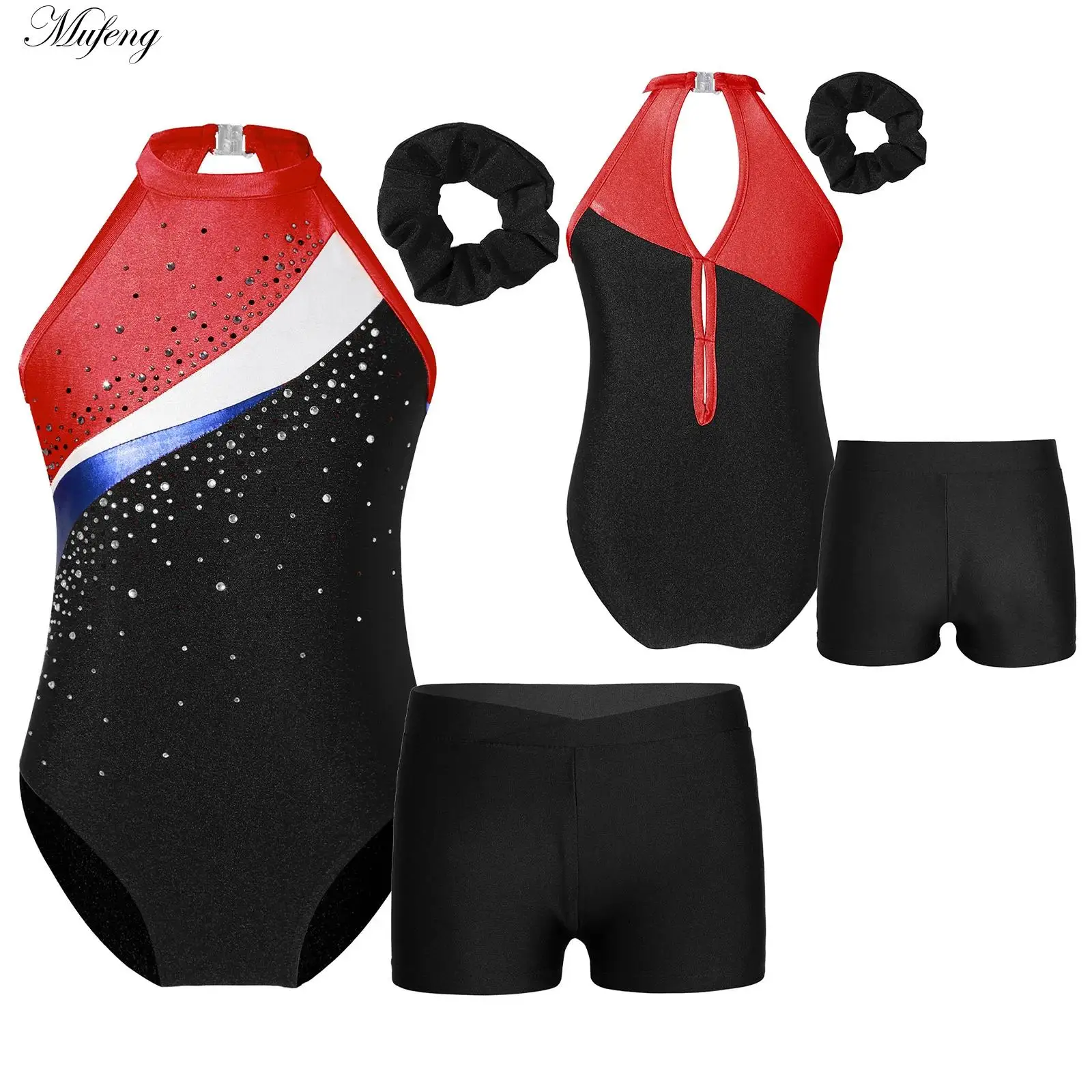 

Kids Girls Sleeveless Rhinestone Gymnastics Leotards with Workout Shorts Ballet Dancewear Gym Training Bodysuit Sports Jumpsuit