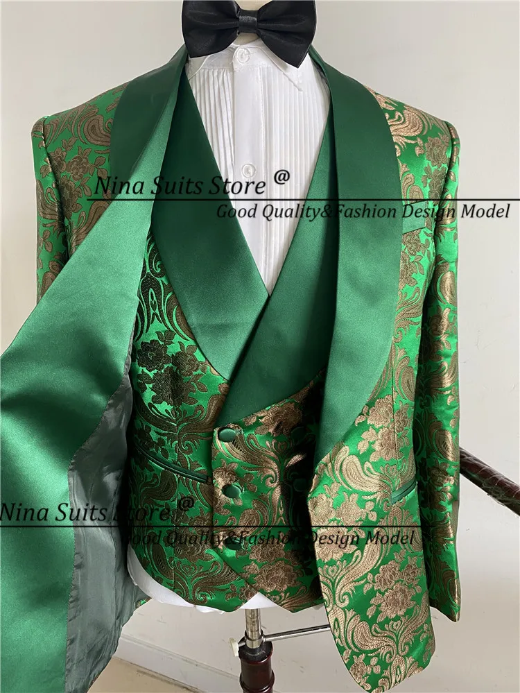 Description Picture 3 of itemGwenhwyfar Star Green Pattern Fabric Men Suits 2022 Tailor-made Groomsmen Best Man Tuxedos Suit with Gold Loquat Flower 3 Pieces