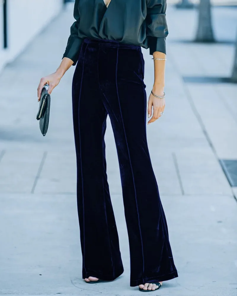Pleuche High Waisted Flared Pants New Vintage Wide Leg Pants Fashion Streetwear Elegant Trousers Women Clothes Pantalon Femme