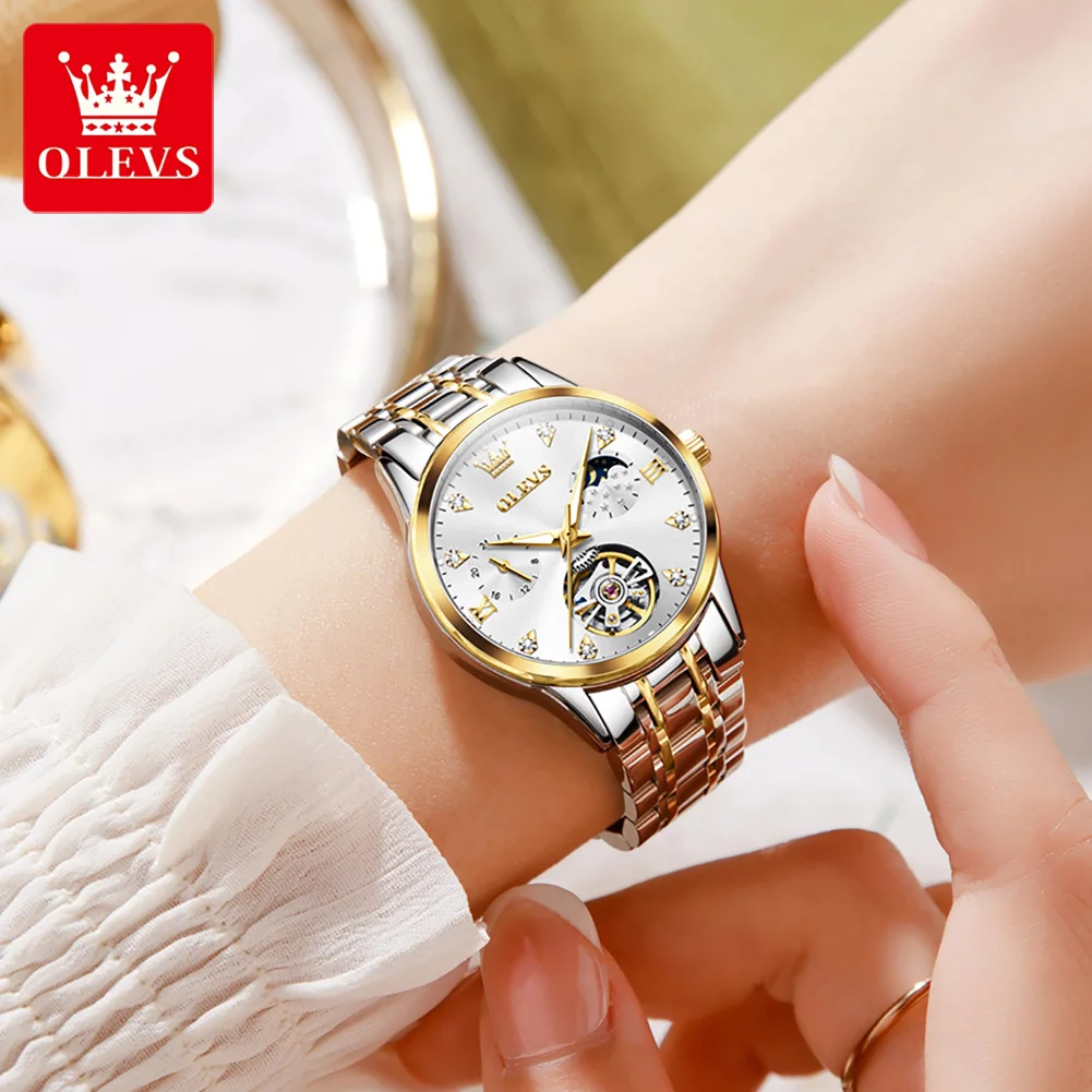 OLEVS 6608 Women's Watch Hollow Waterproof Mechanical Watch For Women Moon Phase Stainless Steel Strap Luxury Ladies Wristwatch