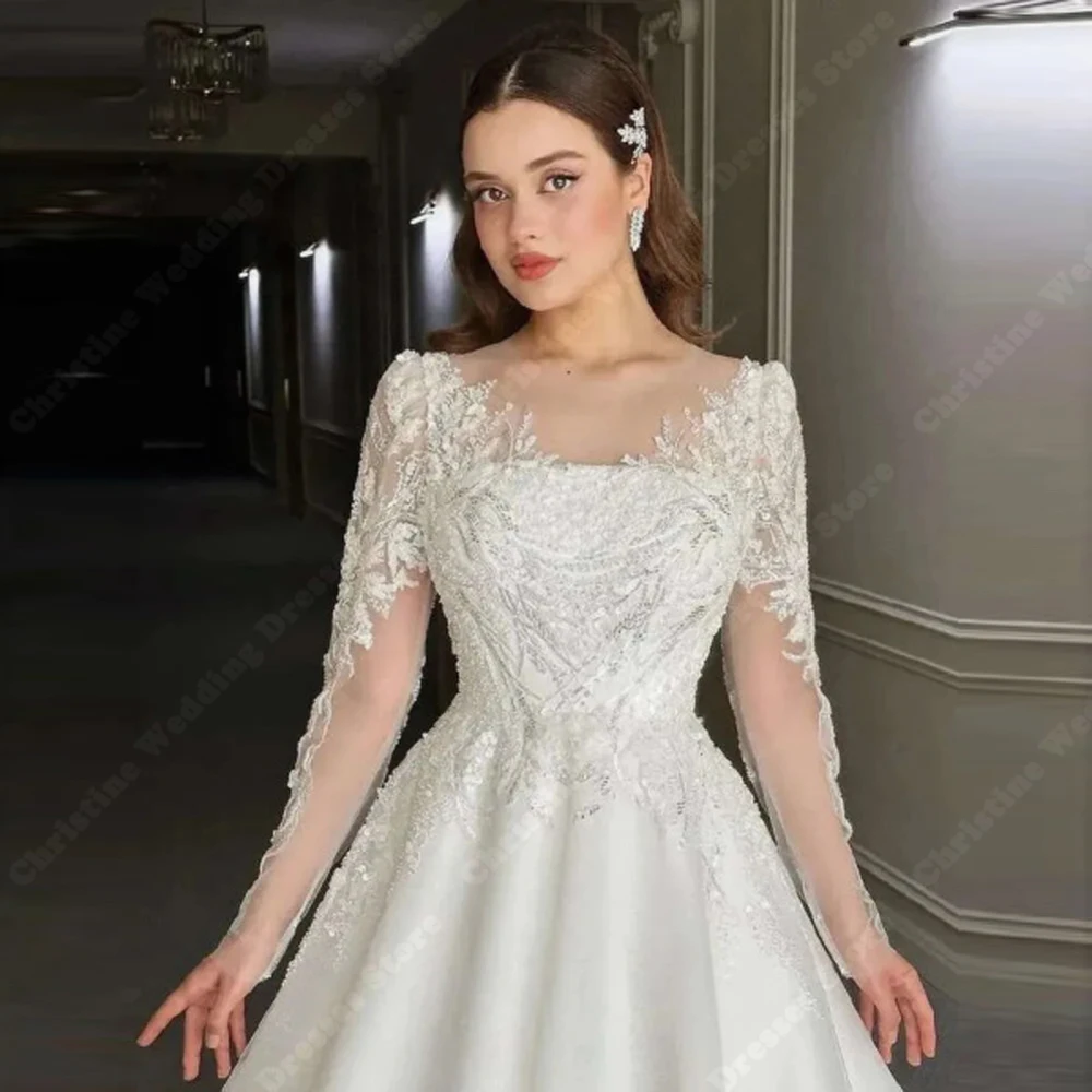 Glitte Chiffon Women Wedding Dresses Elegant Charming Bridal Gowns Lace Long Sleeves Mopping Length Vestido De Novias Customized 2