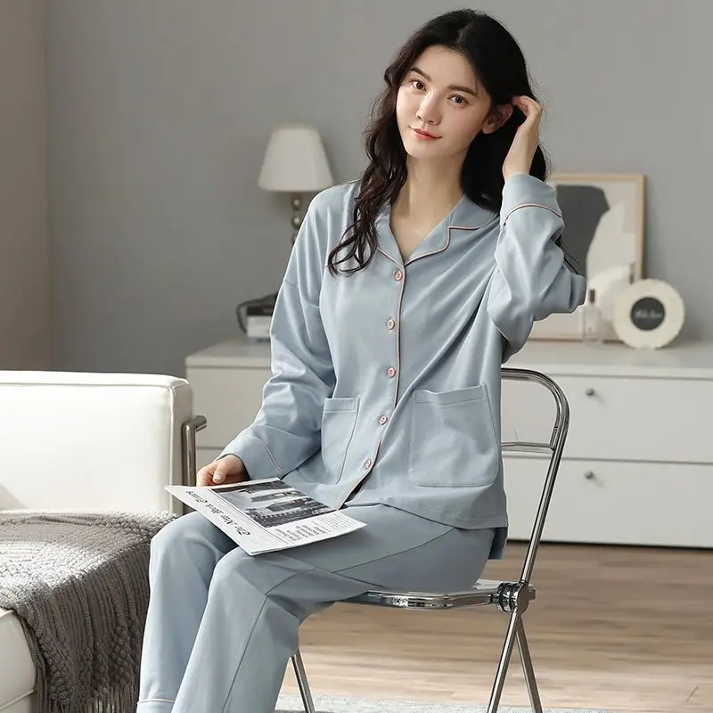 2024 New 100% Cotton Pajamas Women's Spring Autumn Long Sleeve Sleepwear Suit Cardigan Large Size Loose Casual Spring Homewear
