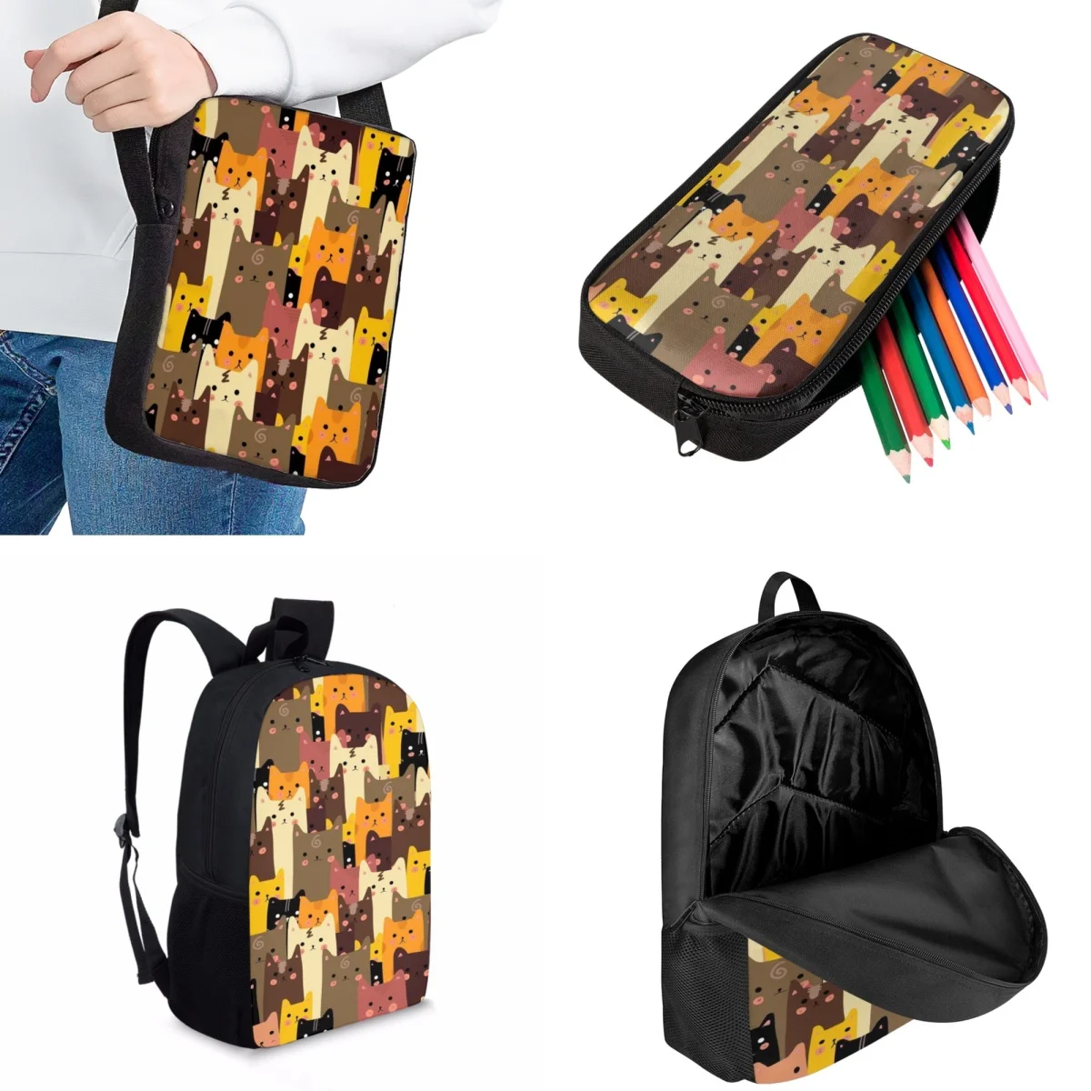 Jackherelook Kids School Bags Cartoon Kitten Pattern Print Cute Girls School Backpacks Set of 3 Fashion Children Travel Bags