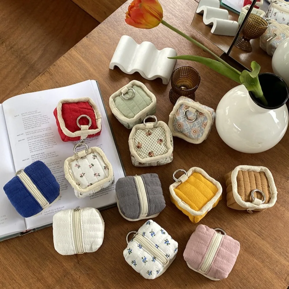 Simple Portable Nylon Coin Purse Square Embroidery Earphone Bag Zipper Korean Style Mini Storage Bag Travel