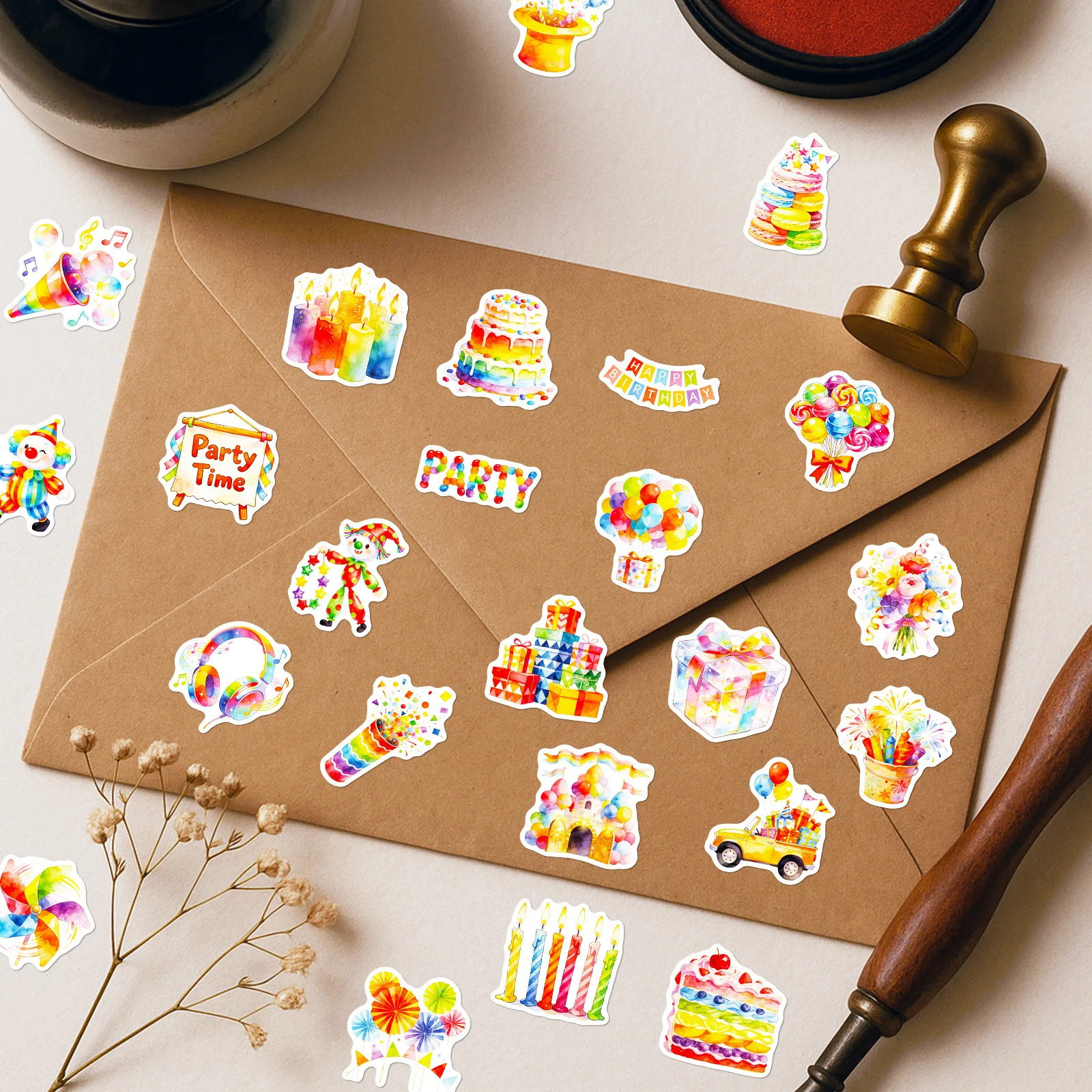 56PCS 수채화 생일 파티 낙서 스티커 풍선 케이크 캔디 요소 학생 문구 노트 생일 선물 스티커