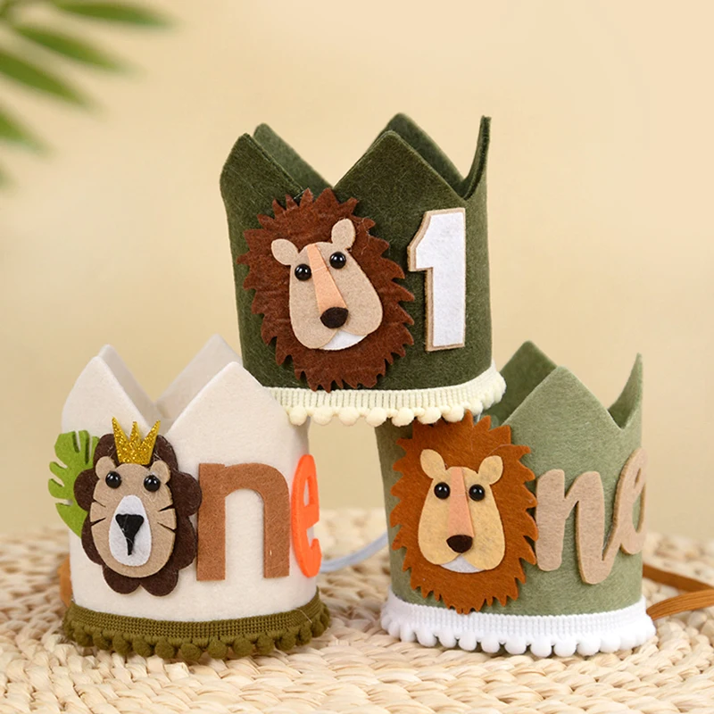1st Kids Jungle Safari Crown Hat Baby 1 Year Old Birthday Party Lion Headband Wild One Party Decoration Photo Props Baby Shower