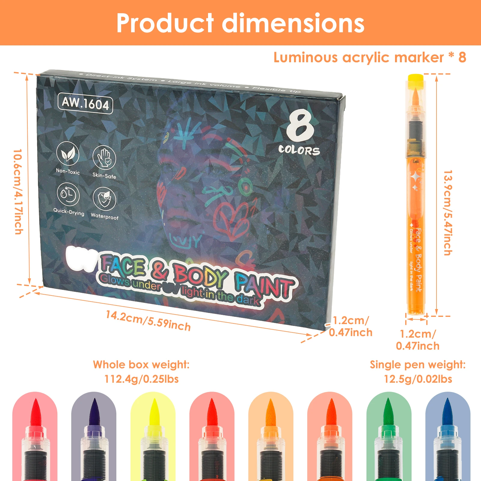 8Pcs Face Paint Marker Glow In The Dark Face Paint Kit Sweat-proof Body Painting Pen Washable Temporary Tattoo Marker for Adults