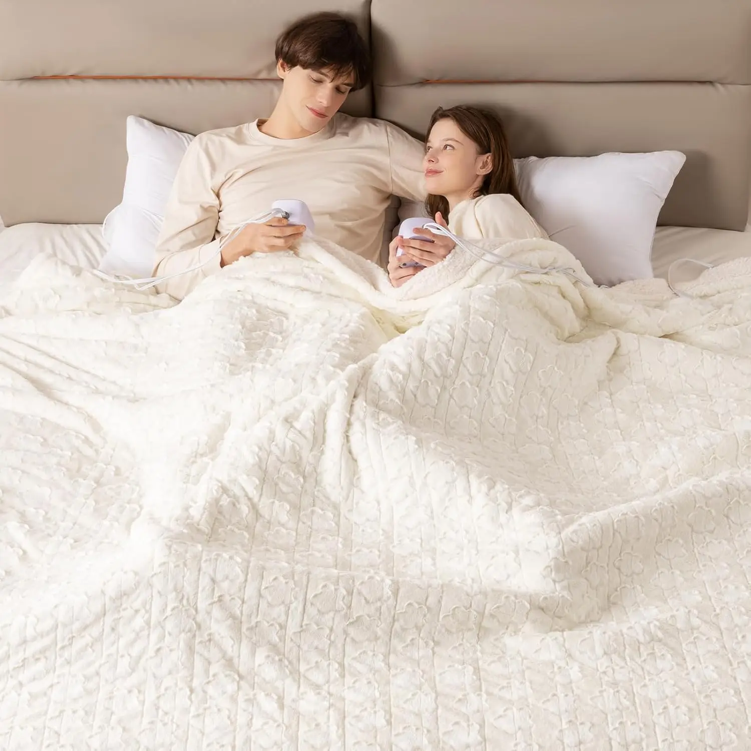 Electric Blanket King Size 100" x 90", Dual Controller Heated Blanket, White Flower Patterns Faux Fur & Warm Sherpa, 10-Heat