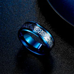 Classic Black Tungsten Celtic Dragon Ring with Red Carbon Fiber Inlay - 8 (Blue)
