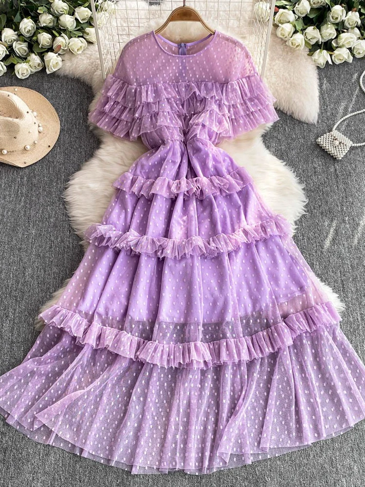 Ele Cake Skirt Dr Women's Autumn Winter High Waist Slimming round Ne Long Net Gown Korean Sle Bellsve Midi Dr