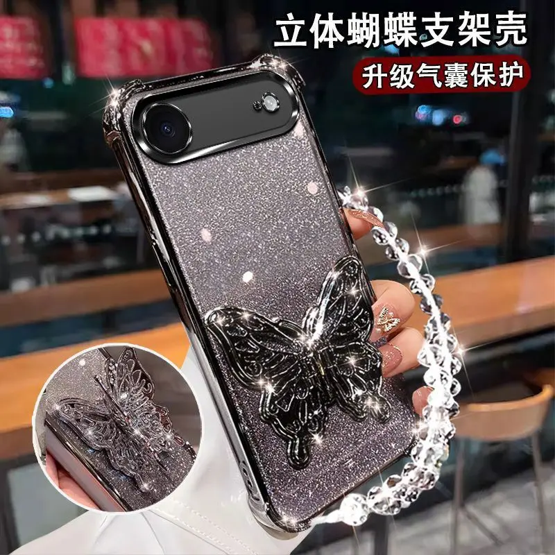 Gradient Glitter Butterfly Wrist Chain Holder Stand Shockproof Case
