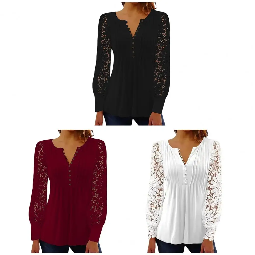 Flower Applique Women Spring Blouse Top Hollow Out Long Sleeves Lace Patchwork Women Shirts Top Vintage